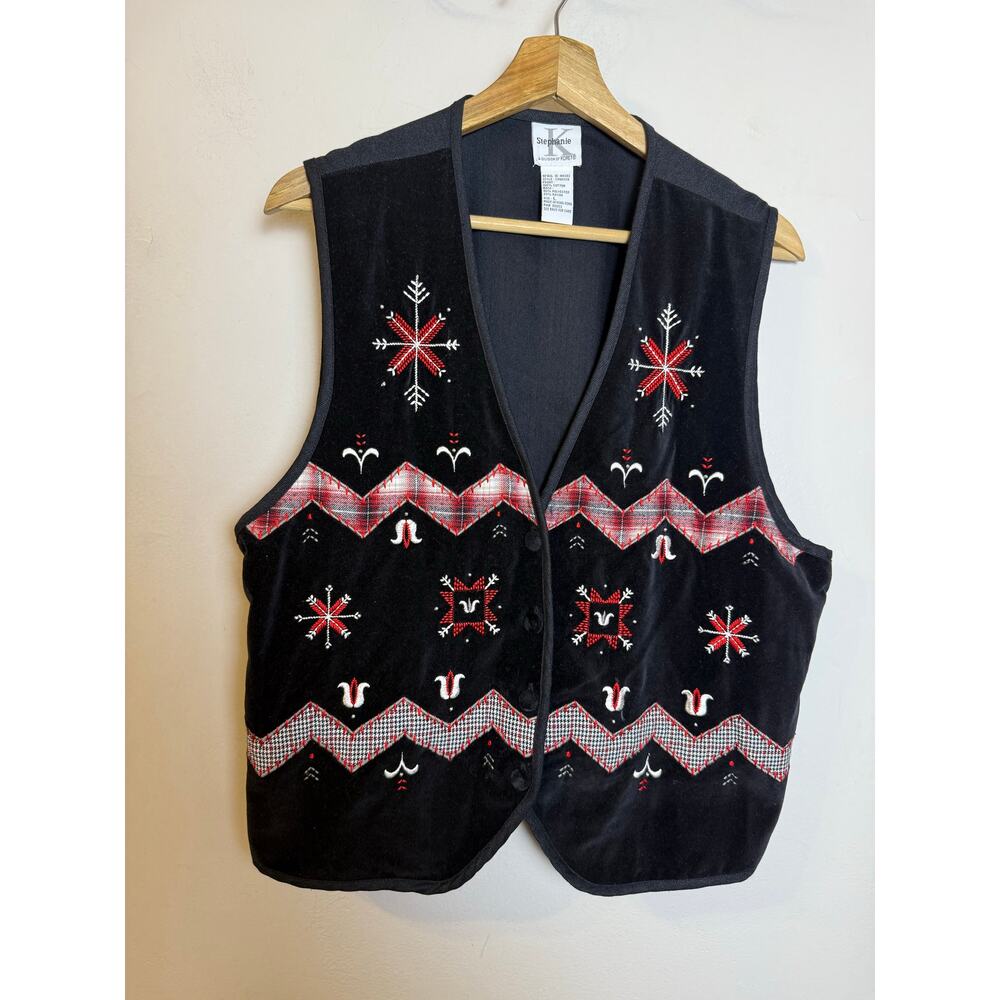 Stephanie K Black Velvet Christmas Holiday Embellished Vest Large